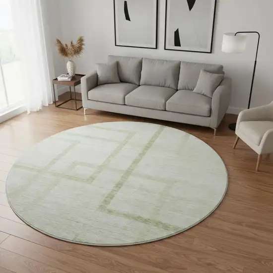 8' Artichoke Green And Gray Geometric Washable Round Rug With UV Protection Photo 2