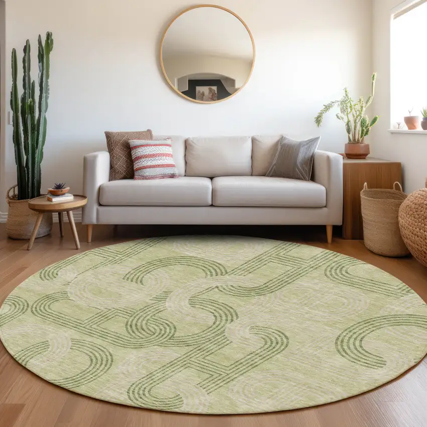 8' Artichoke Green And Gray Geometric Washable Round Rug With UV Protection Photo 4