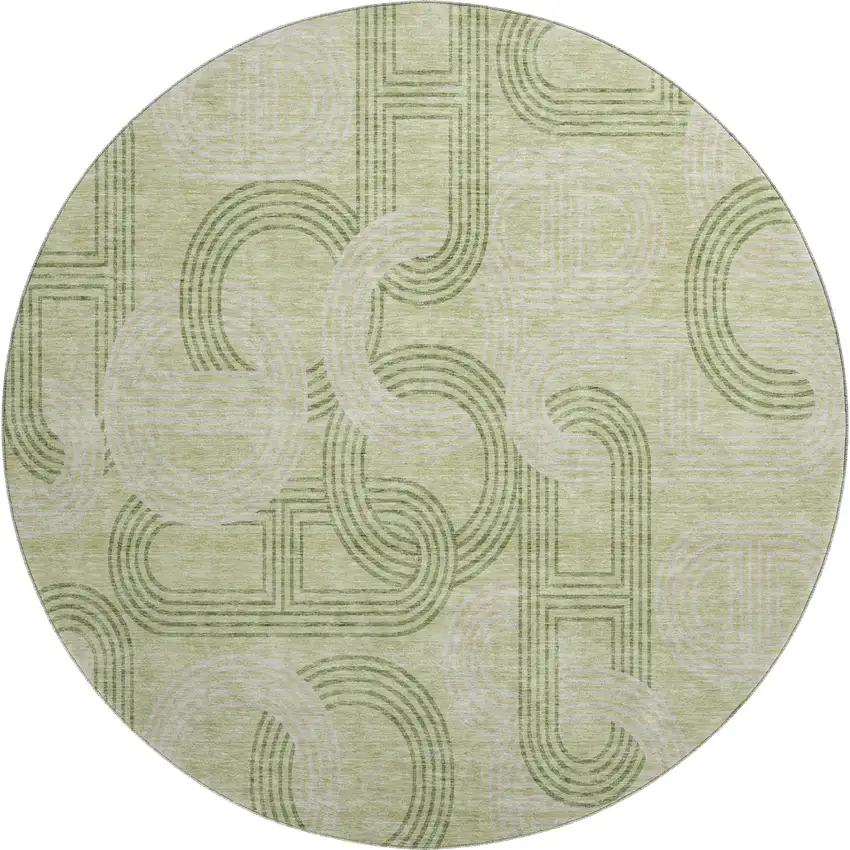 8' Artichoke Green And Gray Geometric Washable Round Rug With UV Protection Photo 1