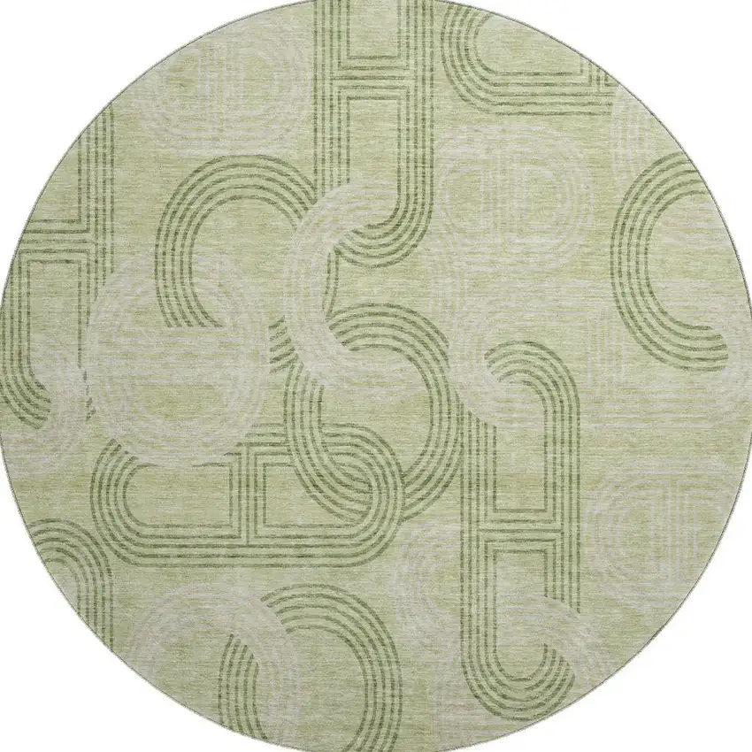 8' Artichoke Green And Gray Geometric Washable Round Rug With UV Protection Photo 3