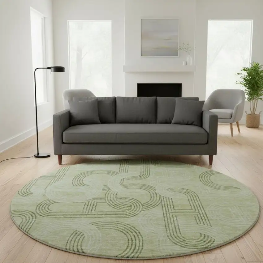 8' Artichoke Green And Gray Geometric Washable Round Rug With UV Protection Photo 2