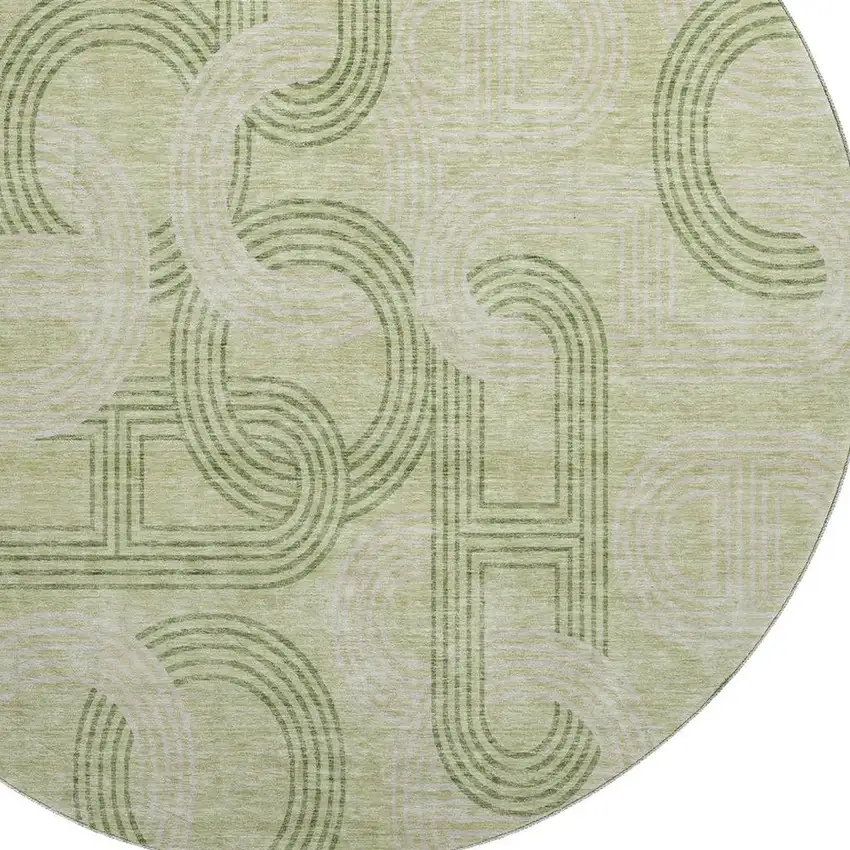 8' Artichoke Green And Gray Geometric Washable Round Rug With UV Protection Photo 2