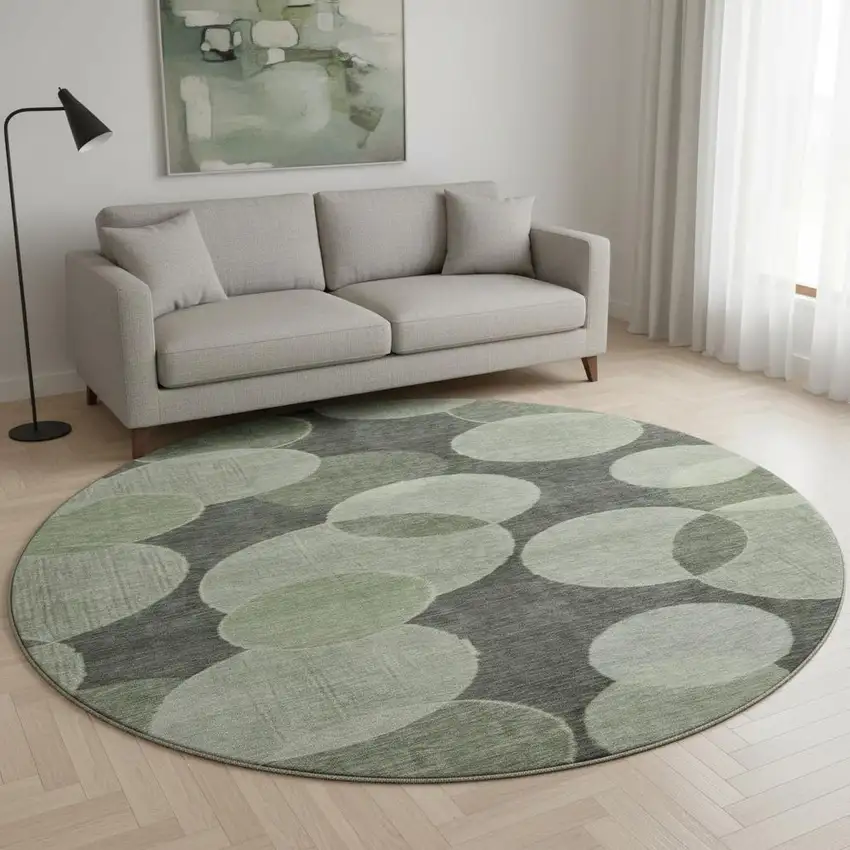 8' Artichoke Green And Gray Geometric Washable Round Rug With UV Protection Photo 2