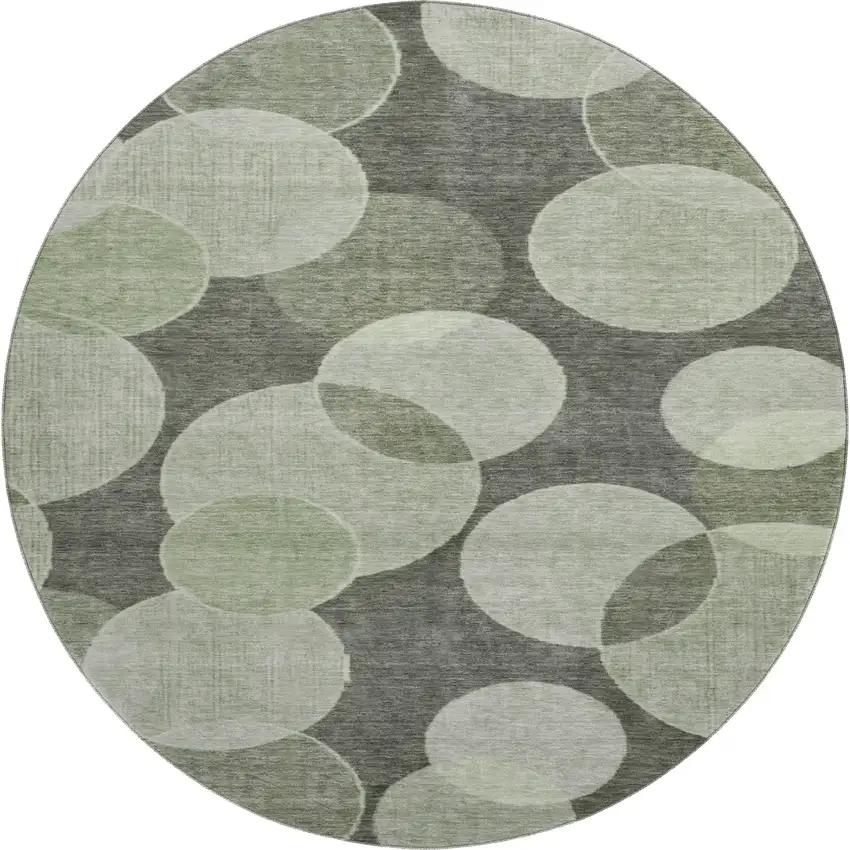 8' Artichoke Green And Gray Geometric Washable Round Rug With UV Protection Photo 1