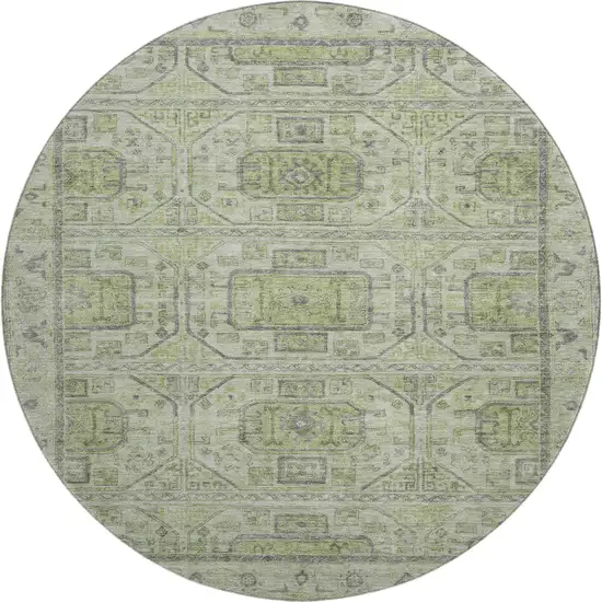 8' Artichoke Green And Gray Geometric Washable Round Rug With UV Protection Photo 1