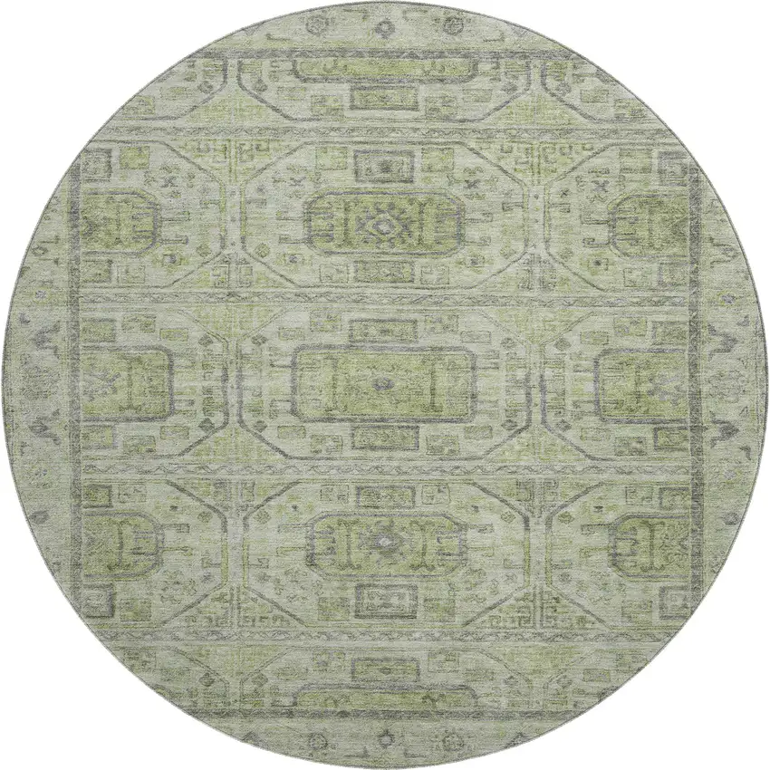 8' Artichoke Green And Gray Geometric Washable Round Rug With UV Protection Photo 1