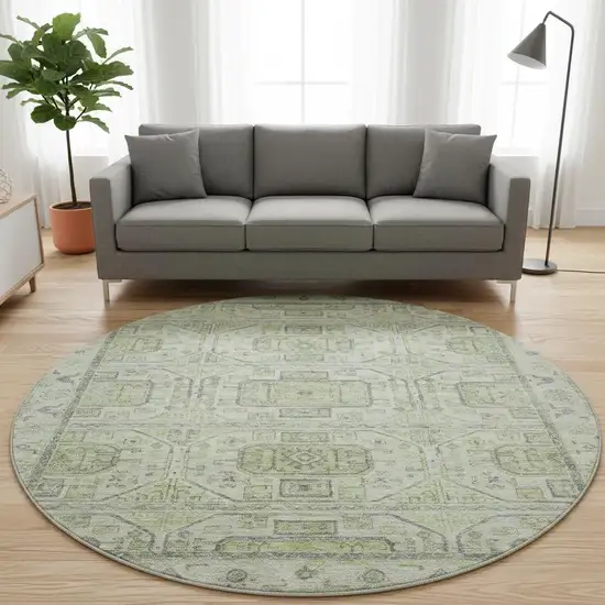 8' Artichoke Green And Gray Geometric Washable Round Rug With UV Protection Photo 2