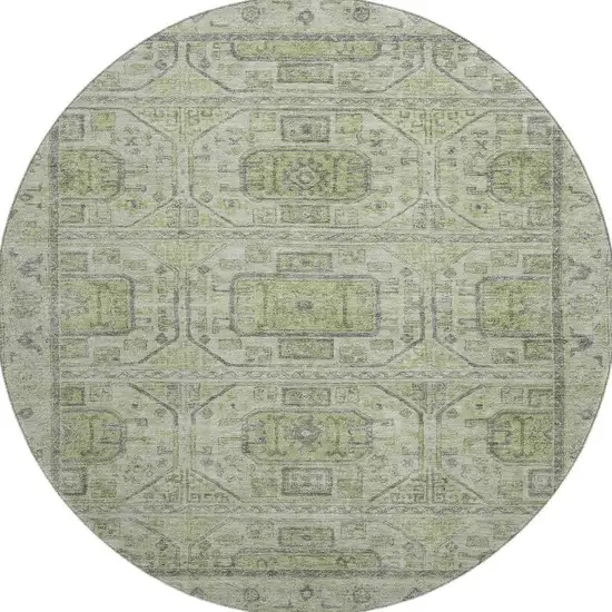 8' Artichoke Green And Gray Geometric Washable Round Rug With UV Protection Photo 4