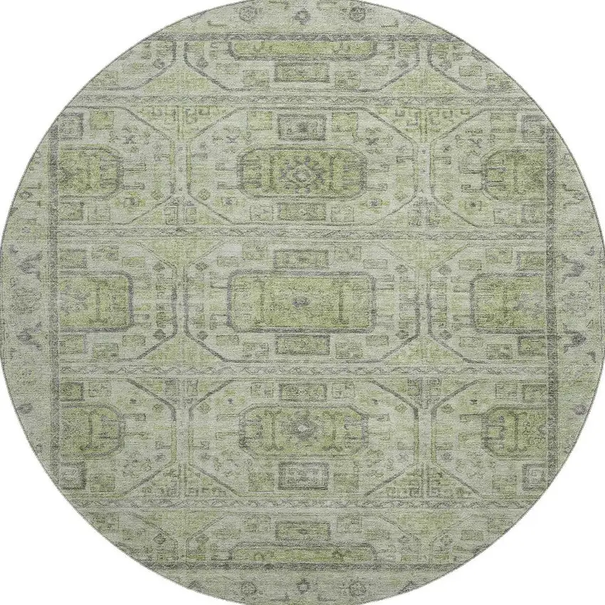 8' Artichoke Green And Gray Geometric Washable Round Rug With UV Protection Photo 4