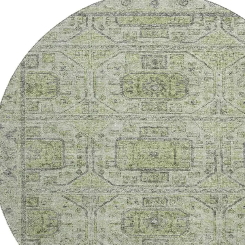 8' Artichoke Green And Gray Geometric Washable Round Rug With UV Protection Photo 3