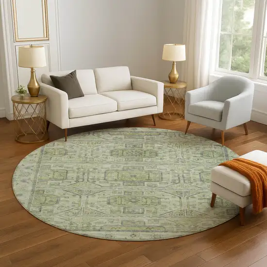 8' Artichoke Green And Gray Geometric Washable Round Rug With UV Protection Photo 5