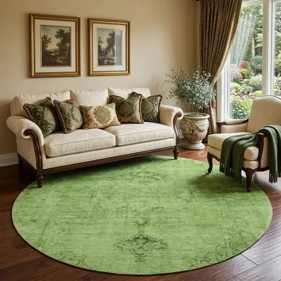 8' Artichoke Green And Gray Oriental Washable Round Rug With UV Protection Photo 1