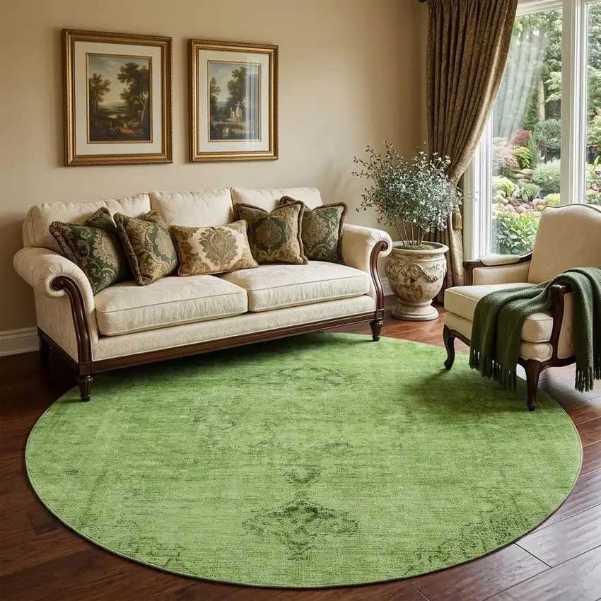 8' Artichoke Green And Gray Oriental Washable Round Rug With UV Protection Photo 1