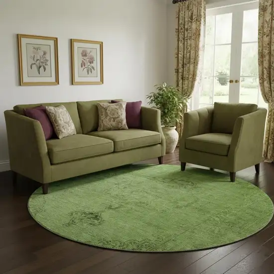 8' Artichoke Green And Gray Oriental Washable Round Rug With UV Protection Photo 1