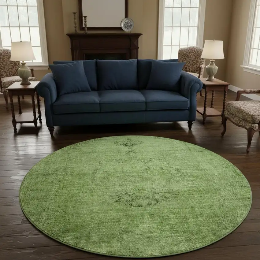 8' Artichoke Green And Gray Oriental Washable Round Rug With UV Protection Photo 2
