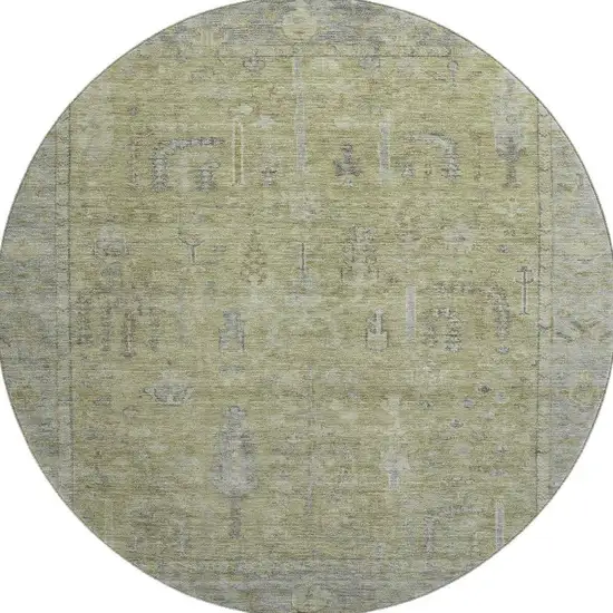 8' Artichoke Green And Gray Oriental Washable Round Rug With UV Protection Photo 3