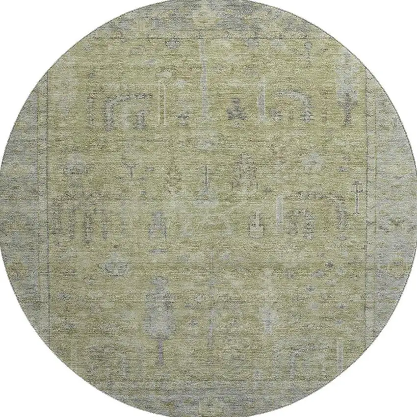 8' Artichoke Green And Gray Oriental Washable Round Rug With UV Protection Photo 3