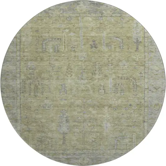 8' Artichoke Green And Gray Oriental Washable Round Rug With UV Protection Photo 1