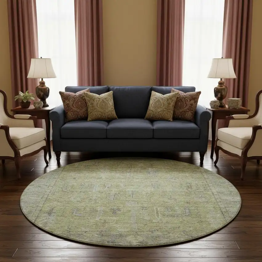 8' Artichoke Green And Gray Oriental Washable Round Rug With UV Protection Photo 2