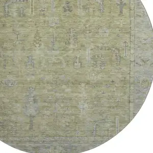 Photo of 8' Artichoke Green And Gray Oriental Washable Round Rug With UV Protection