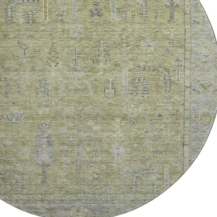 8' Artichoke Green And Gray Oriental Washable Round Rug With UV Protection Photo 2