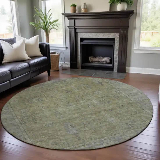 8' Artichoke Green And Gray Oriental Washable Round Rug With UV Protection Photo 4