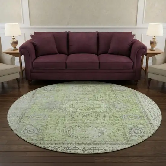 8' Artichoke Green And Gray Oriental Washable Round Rug With UV Protection Photo 2