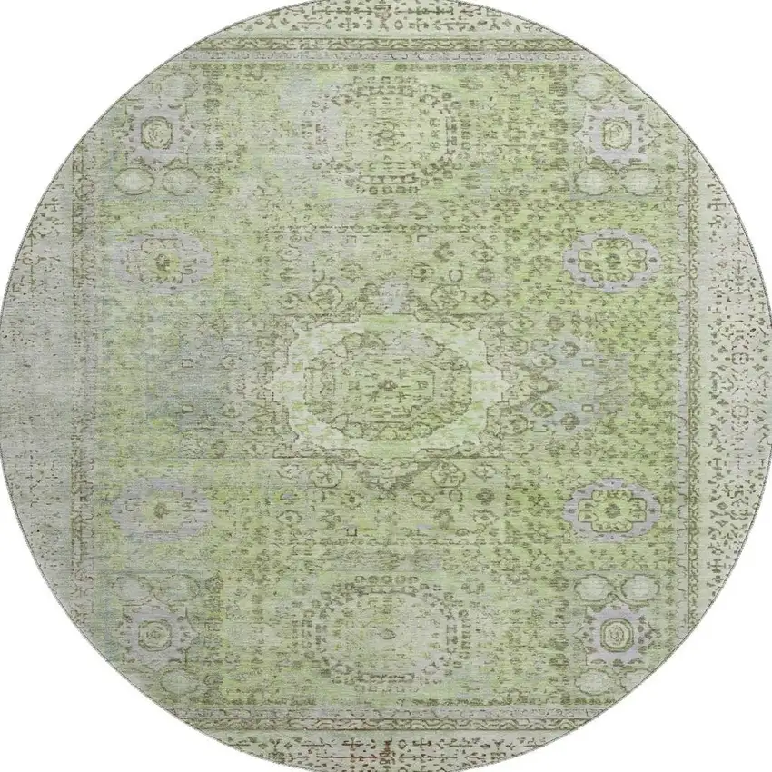 8' Artichoke Green And Gray Oriental Washable Round Rug With UV Protection Photo 3