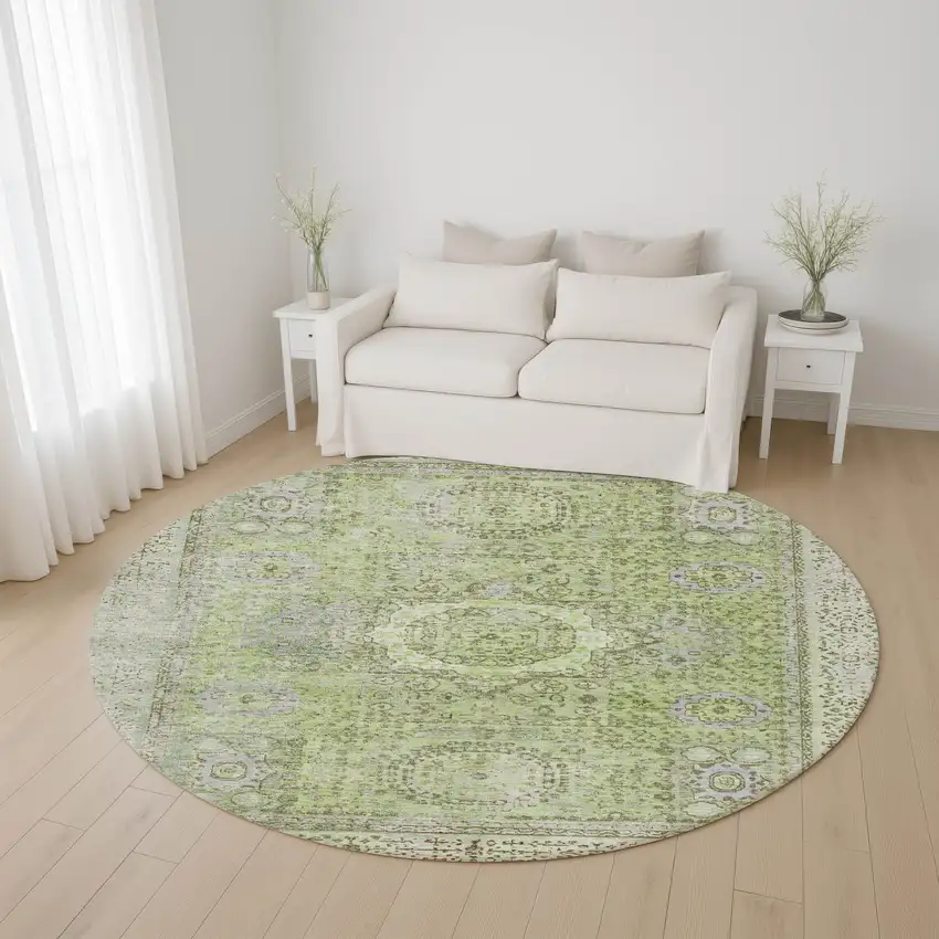 8' Artichoke Green And Gray Oriental Washable Round Rug With UV Protection Photo 4