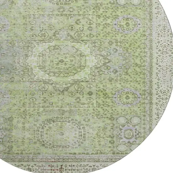 8' Artichoke Green And Gray Oriental Washable Round Rug With UV Protection Photo 2