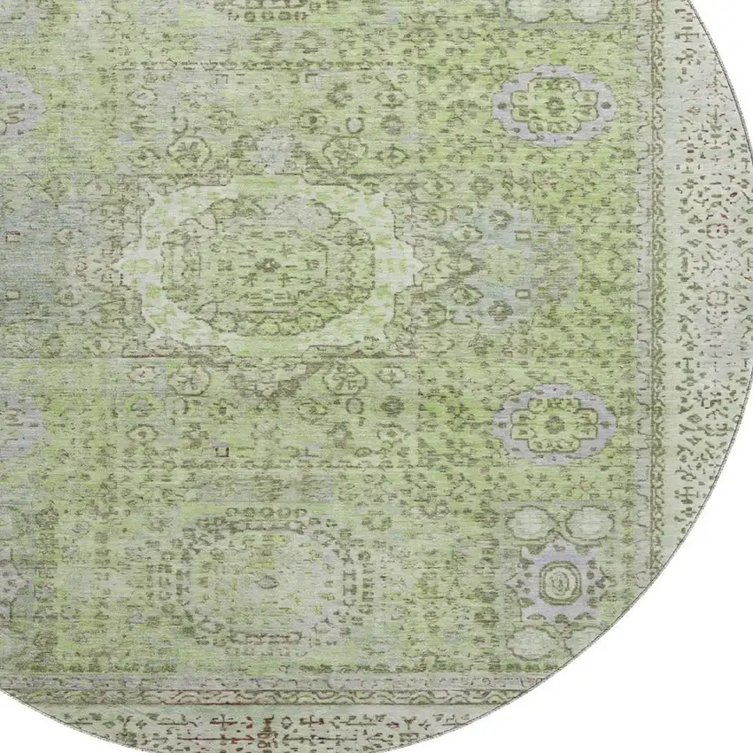 8' Artichoke Green And Gray Oriental Washable Round Rug With UV Protection Photo 2