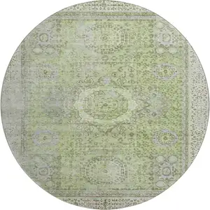 Photo of 8' Artichoke Green And Gray Oriental Washable Round Rug With UV Protection
