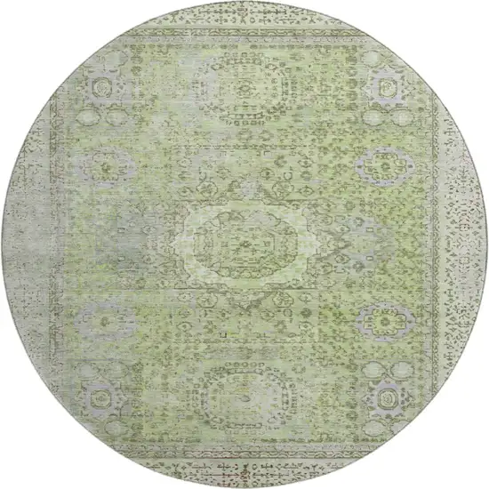 8' Artichoke Green And Gray Oriental Washable Round Rug With UV Protection Photo 1