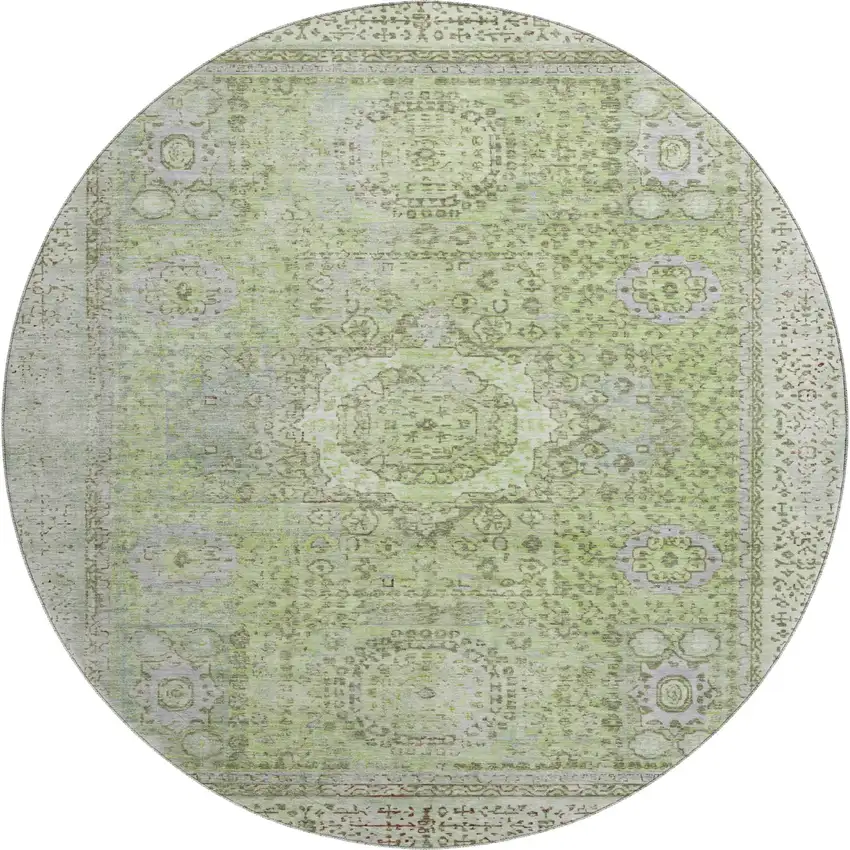 8' Artichoke Green And Gray Oriental Washable Round Rug With UV Protection Photo 1