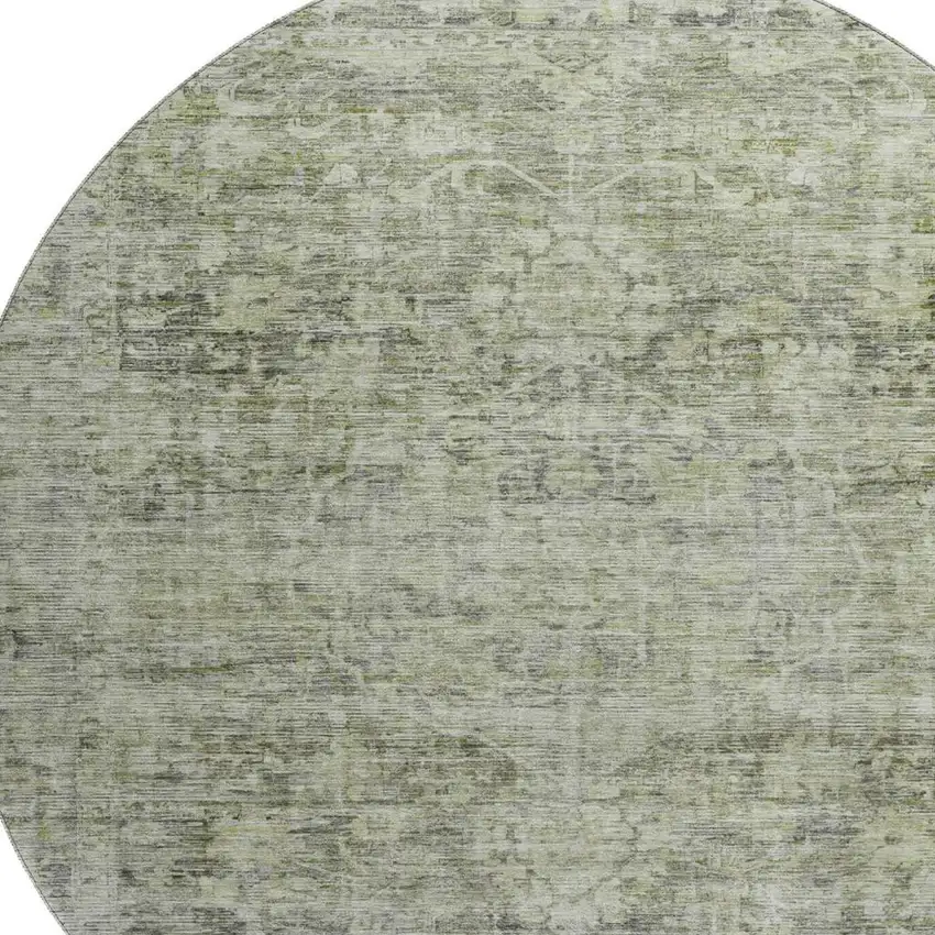 8' Artichoke Green And Gray Oriental Washable Round Rug With UV Protection Photo 2