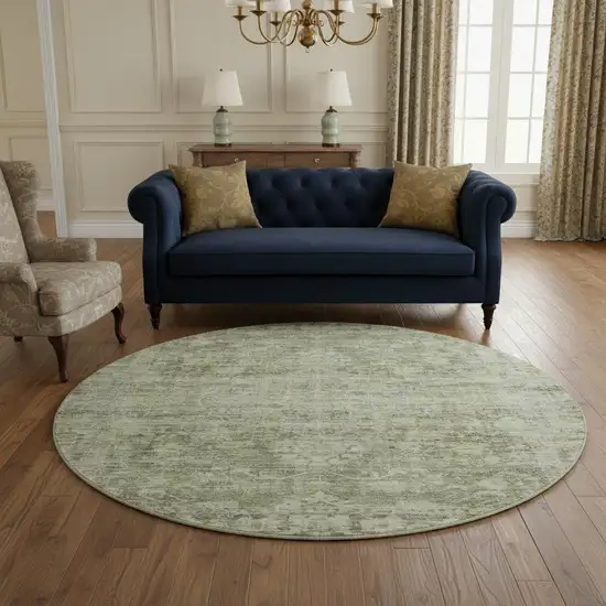 8' Artichoke Green And Gray Oriental Washable Round Rug With UV Protection Photo 2