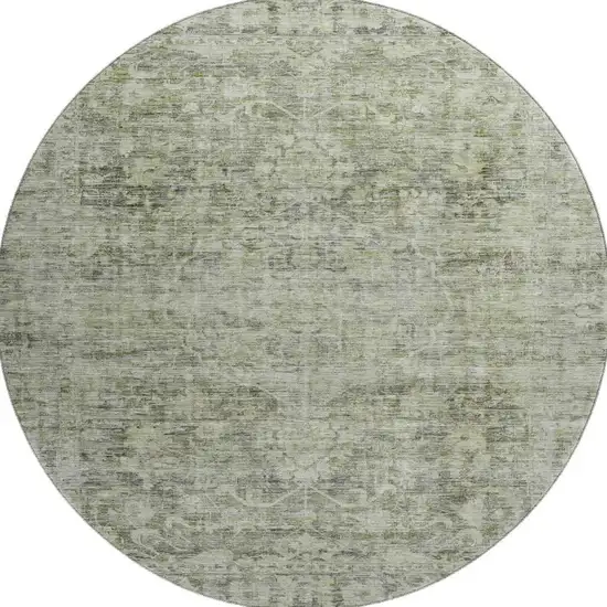 8' Artichoke Green And Gray Oriental Washable Round Rug With UV Protection Photo 3
