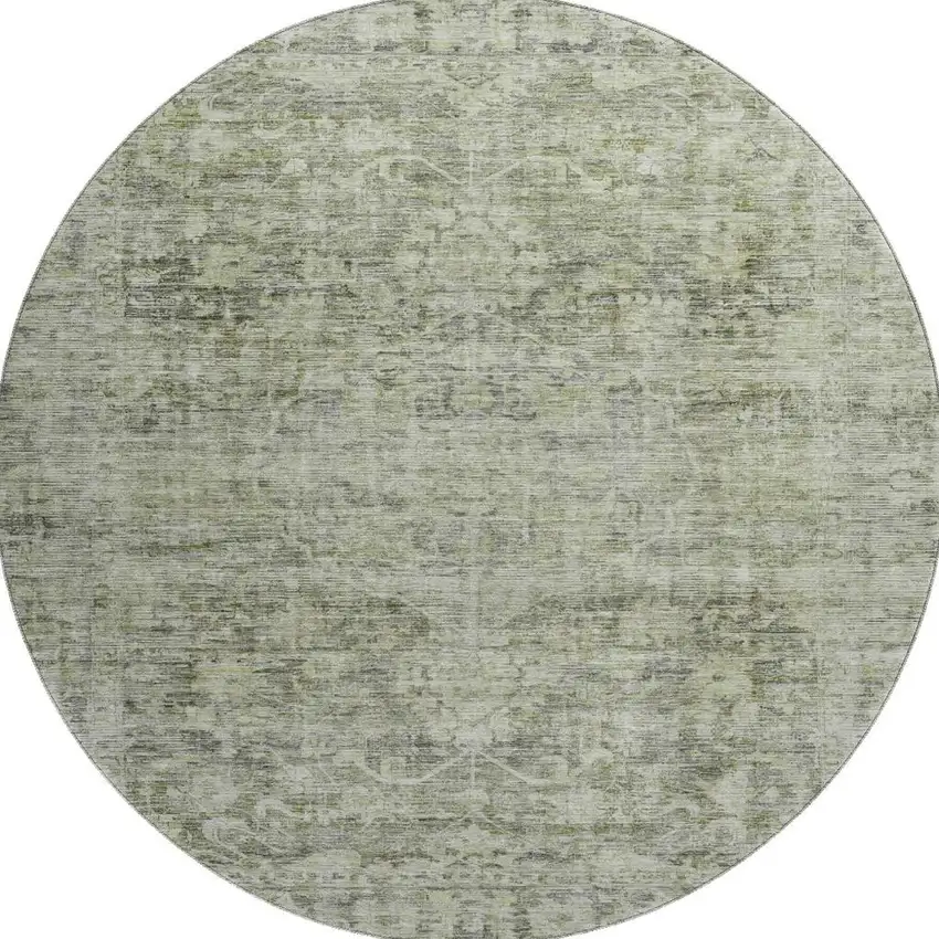 8' Artichoke Green And Gray Oriental Washable Round Rug With UV Protection Photo 3