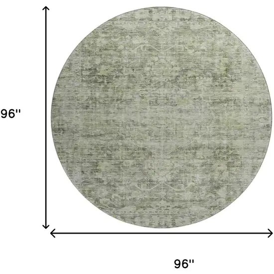 8' Artichoke Green And Gray Oriental Washable Round Rug With UV Protection Photo 9