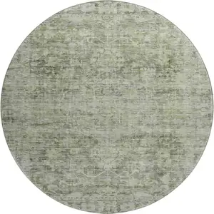 Photo of 8' Artichoke Green And Gray Oriental Washable Round Rug With UV Protection