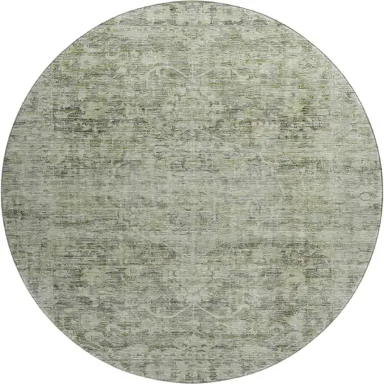 8' Artichoke Green And Gray Oriental Washable Round Rug With UV Protection Photo 1