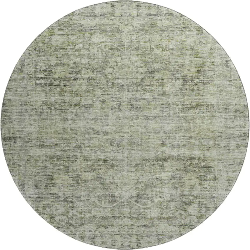 8' Artichoke Green And Gray Oriental Washable Round Rug With UV Protection Photo 1
