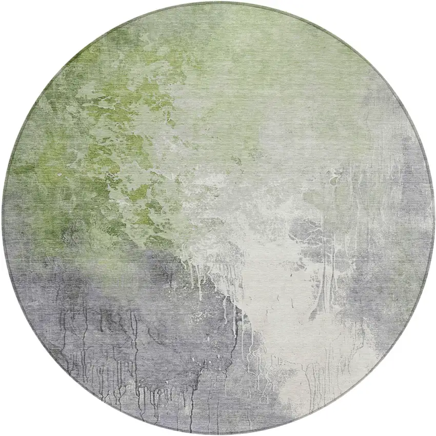 8' Artichoke Green And Gray Round Abstract Washable Indoor Outdoor Area Rug Photo 1