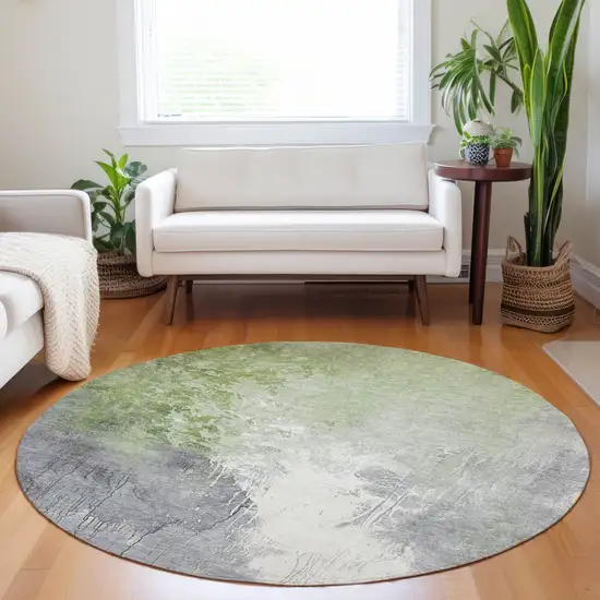 8' Artichoke Green And Gray Round Abstract Washable Indoor Outdoor Area Rug Photo 6