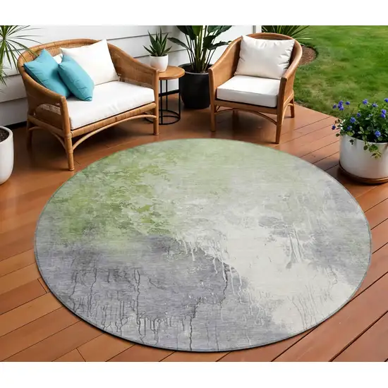 8' Artichoke Green And Gray Round Abstract Washable Indoor Outdoor Area Rug Photo 2