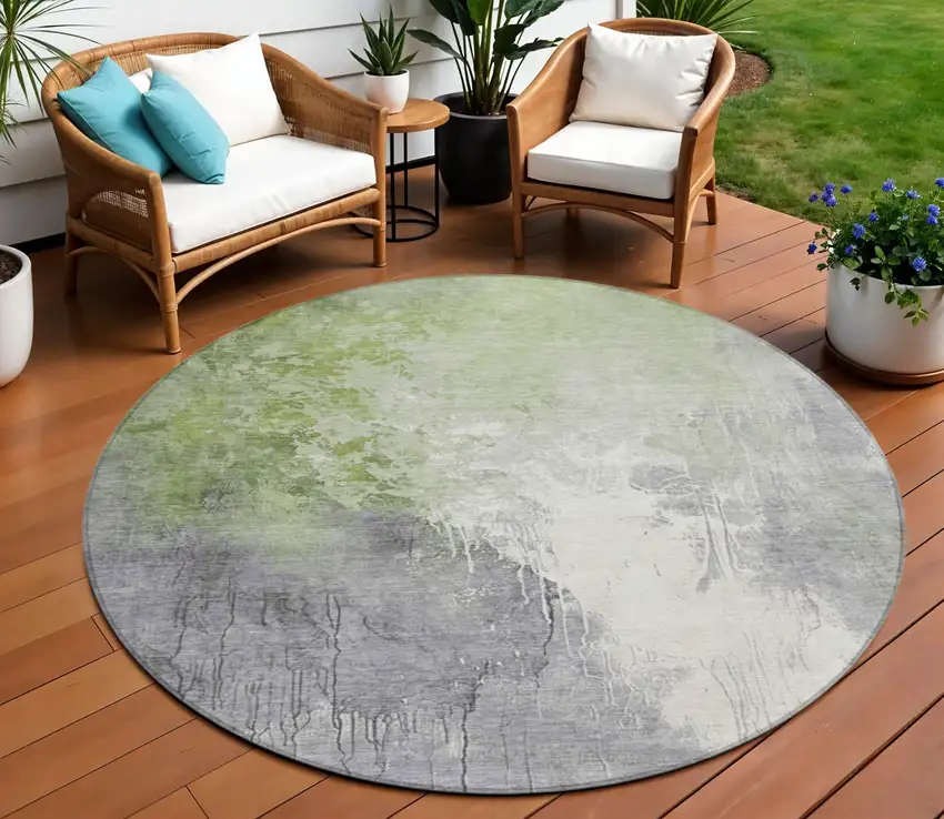 8' Artichoke Green And Gray Round Abstract Washable Indoor Outdoor Area Rug Photo 2