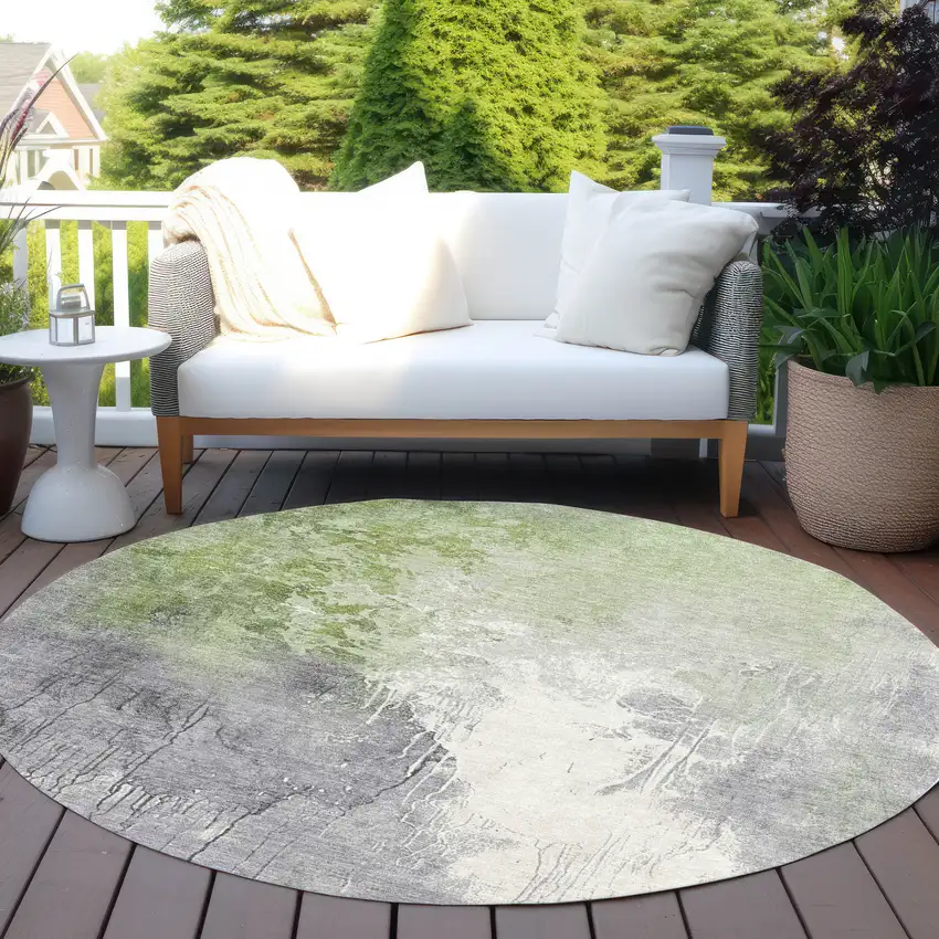 8' Artichoke Green And Gray Round Abstract Washable Indoor Outdoor Area Rug Photo 5