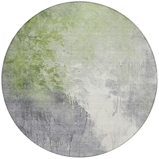 8' Artichoke Green And Gray Round Abstract Washable Indoor Outdoor Area Rug Photo 3
