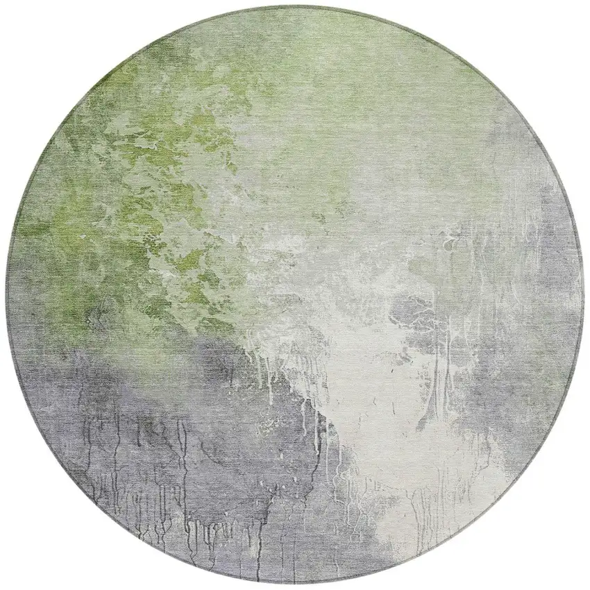 8' Artichoke Green And Gray Round Abstract Washable Indoor Outdoor Area Rug Photo 3