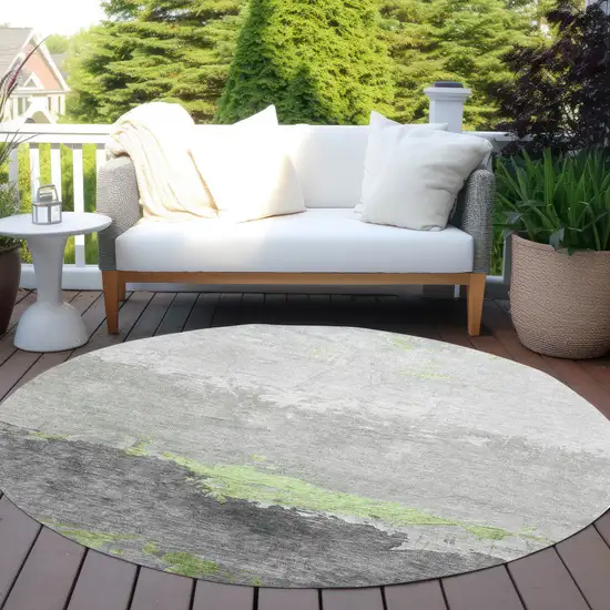 8' Artichoke Green And Gray Round Abstract Washable Indoor Outdoor Area Rug Photo 5